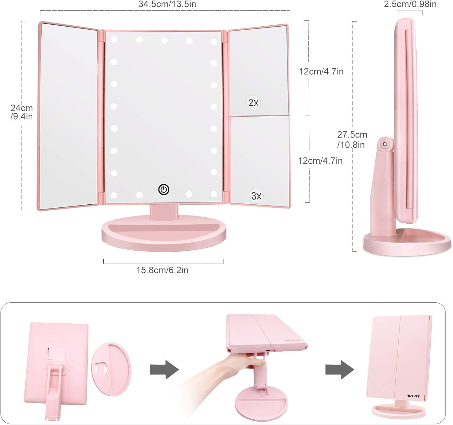 Ein rosa, dreifach faltbarer Schminkspiegel mit LED-Leuchten, Maßen und einem Ein-/Ausschalter. Er hat 2x und 3x Vergrößerungsbereiche.