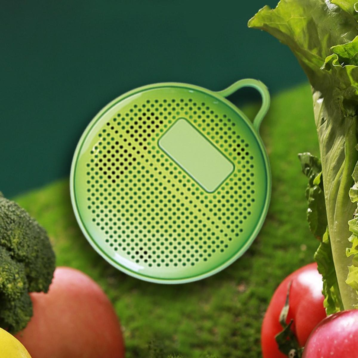 Ein grünes, kreisförmiges Küchensieb mit Griff, umgeben von Gemüse wie Tomaten, Brokkoli und Salat auf einer grünen Oberfläche.