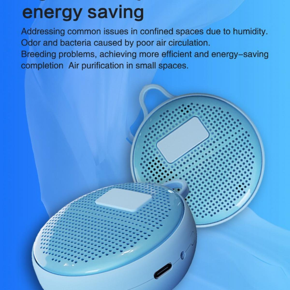Zwei hellblaue Luftreiniger mit perforierter Oberfläche und weißer Oberseite. Blauer Hintergrund mit Text zum Energiesparen.