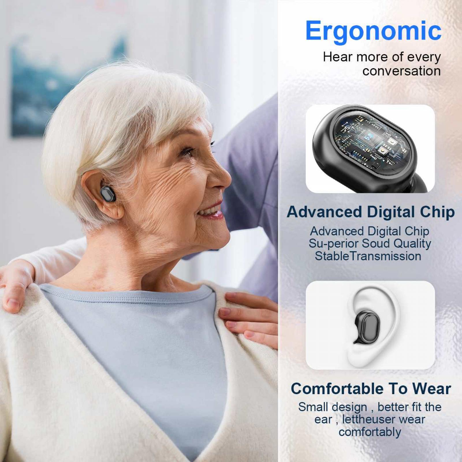 Eine ältere Frau mit einem Ohrhörer lächelt. Der Arm einer Person liegt auf ihrer Schulter. Text rechts: 'Ergonomisch'.
