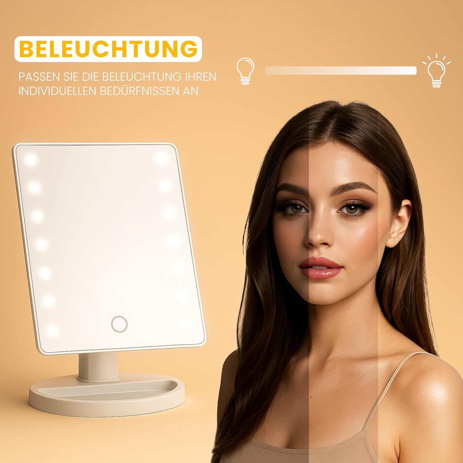 Das Gesicht einer Frau mit drei Beleuchtungsstufen, ein beleuchteter Schminkspiegel und Text: "Passen Sie die Beleuchtung Ihren individuellen Bedürfnissen an."