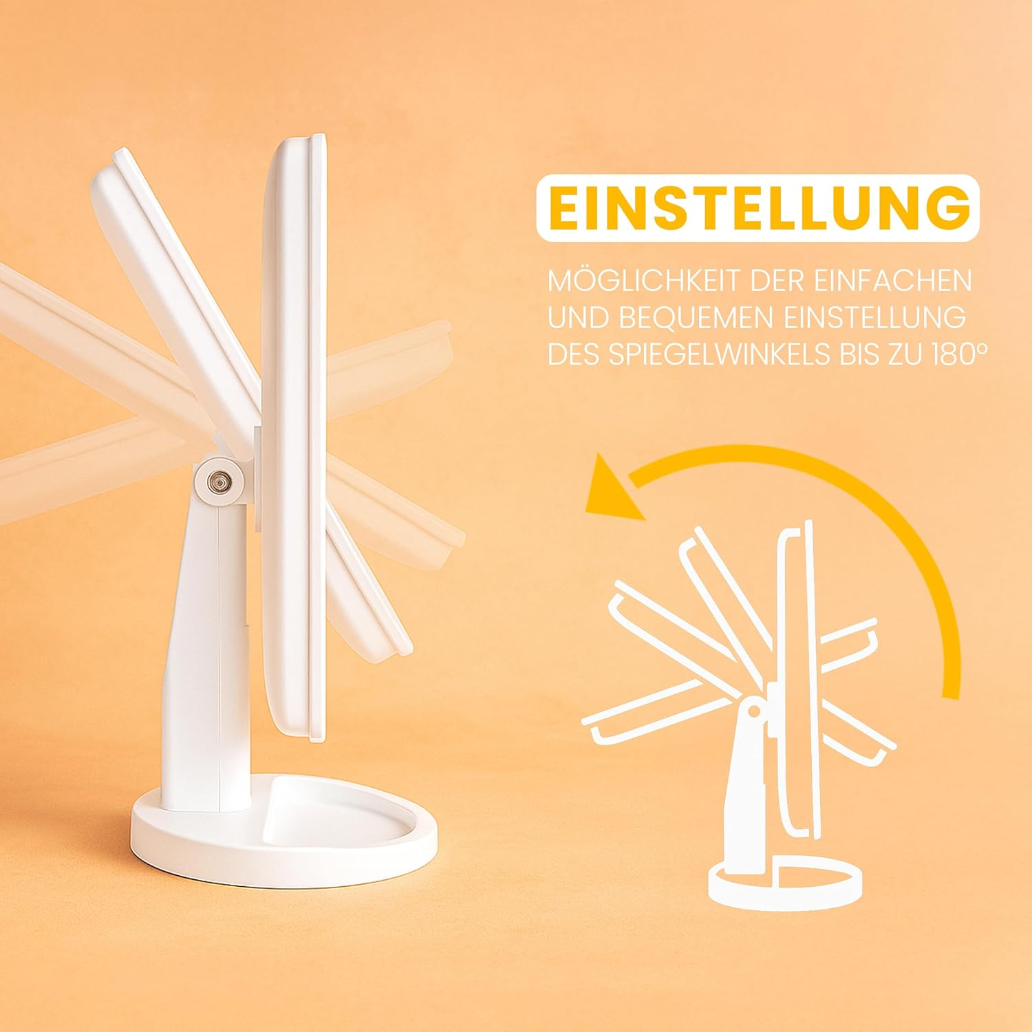 Weißer verstellbarer Spiegel auf orangefarbenem Hintergrund. Text: Einstellung. Spiegeleinstellung bis zu 180 Grad.