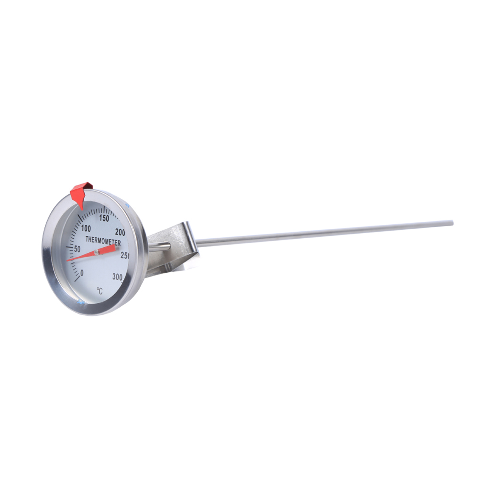 Ein Edelstahlthermometer mit roter Anzeige, das 150 Grad anzeigt, mit roter Anzeige. Der Hintergrund ist weiß.