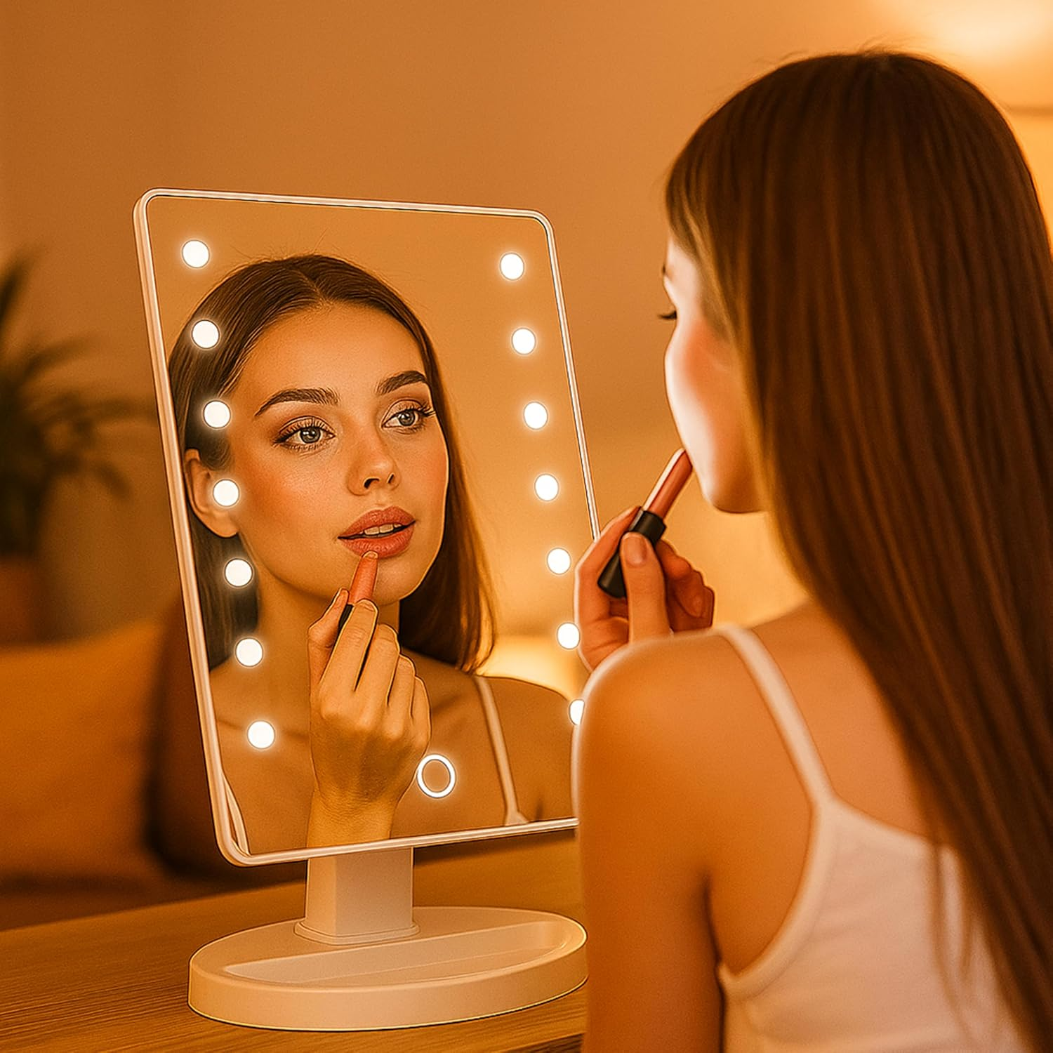 Eine Frau trägt Lippenstift auf und blickt in einen beleuchteten Spiegel. Im Spiegel spiegelt sich ihr Gesicht. Ein beleuchteter Spiegel steht auf einem Tisch.