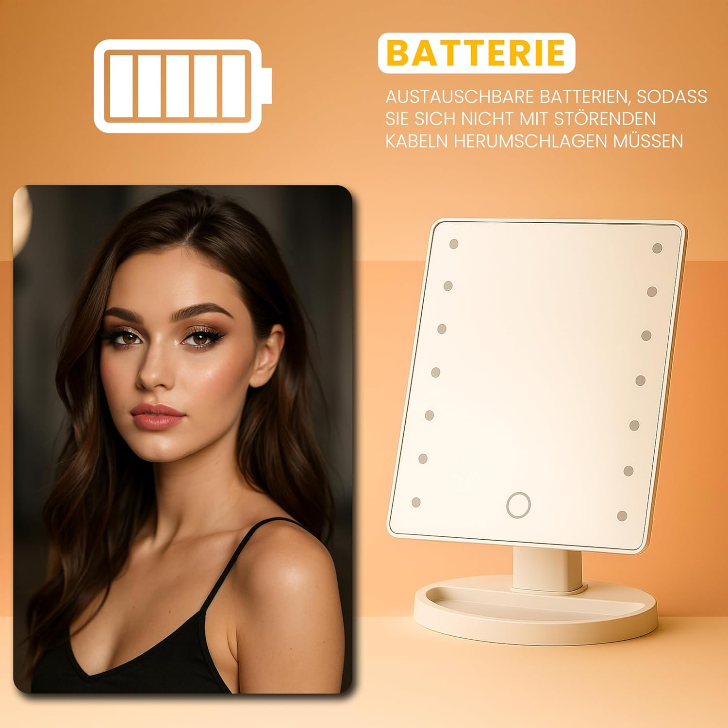 Eine Frau und ein beleuchteter Schminkspiegel. Der Spiegel hat LED-Leuchten und einen Touch-Button. Text lautet 'BATTERIE' und verwandter Text.