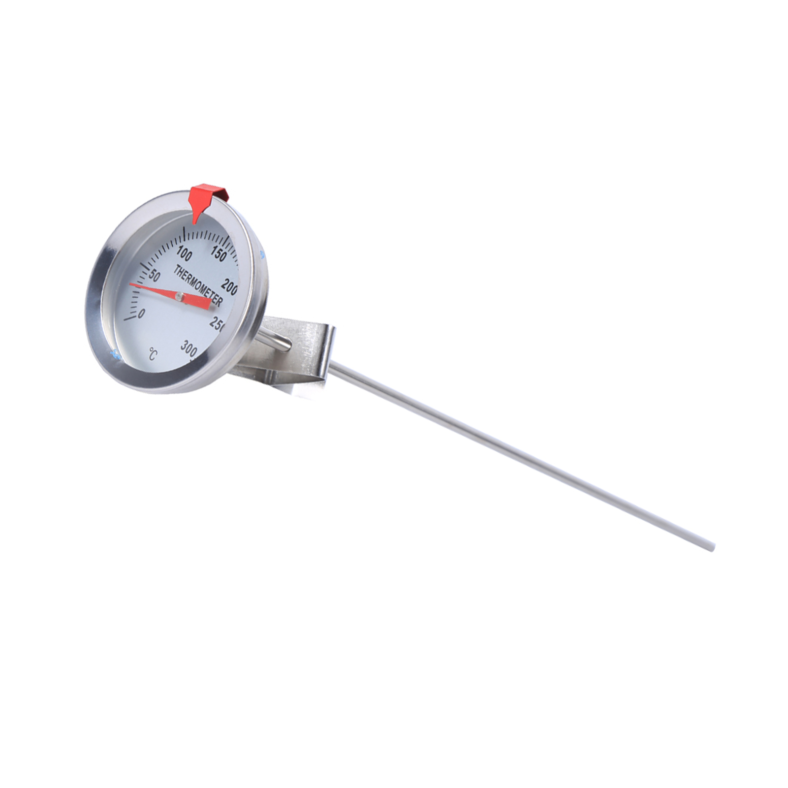 Ein Metallthermometer mit roter Nadel, die auf die Temperaturskala zeigt. Das Thermometer hat einen langen Stiel.