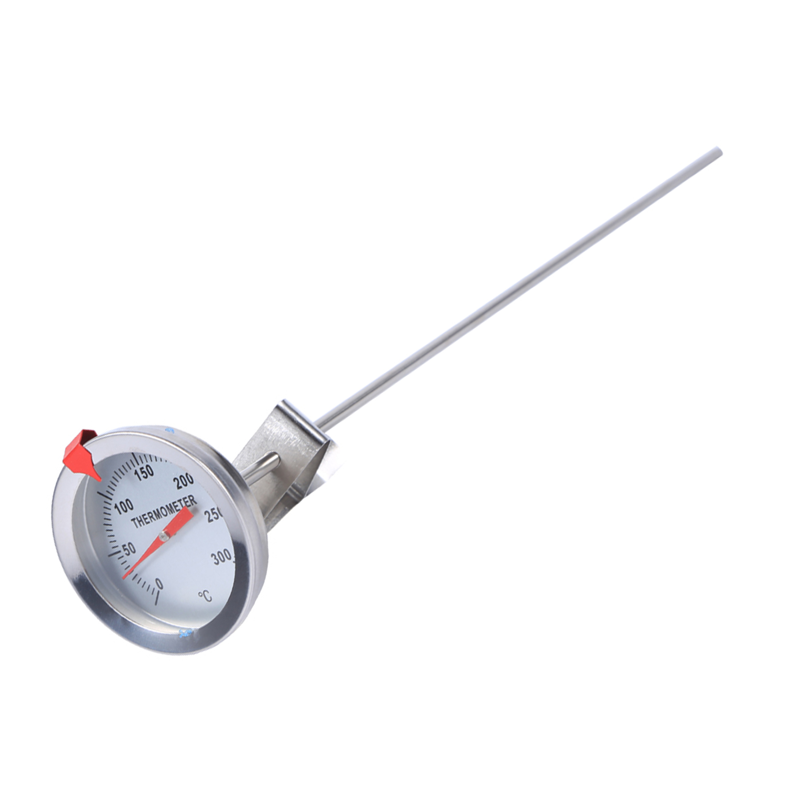 Ein Edelstahlthermometer mit roter Nadel, die auf 50 Grad Celsius zeigt. Das Thermometer hat eine lange Sonde.