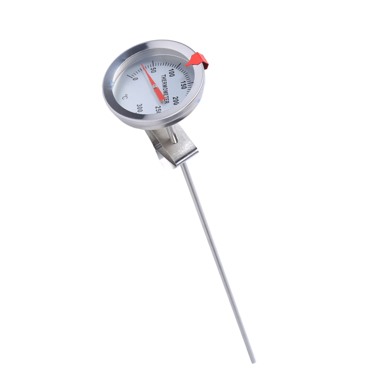 Ein Edelstahlthermometer. Es hat ein rundes Messgerät mit einer roten Nadel, die die Temperatur anzeigt. Eine lange Sonde erstreckt sich nach unten.
