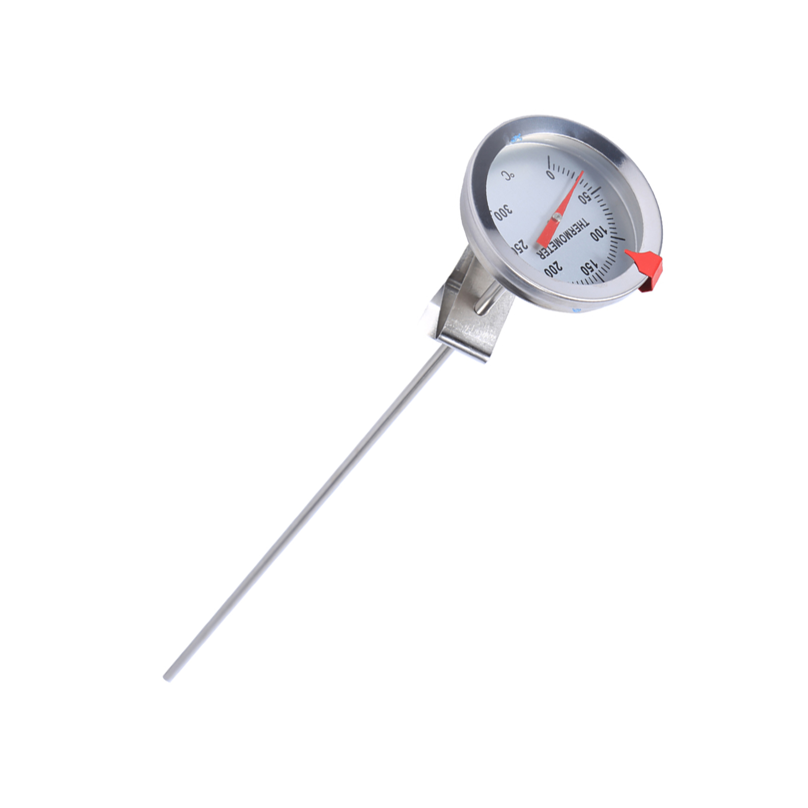 Ein Metallthermometer mit rotem Zeiger zeigt die Temperatur an. Das Thermometer befindet sich vor weißem Hintergrund.