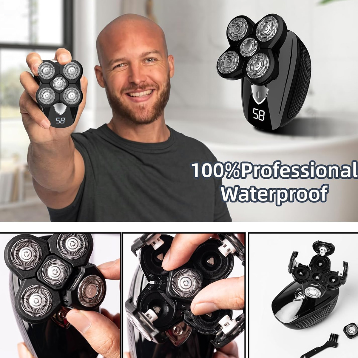 Ein Mann hält einen schwarzen Rasierer mit fünf Köpfen. Der Rasierer hat eine Digitalanzeige. Der Text lautet 100% Professional Waterproof.