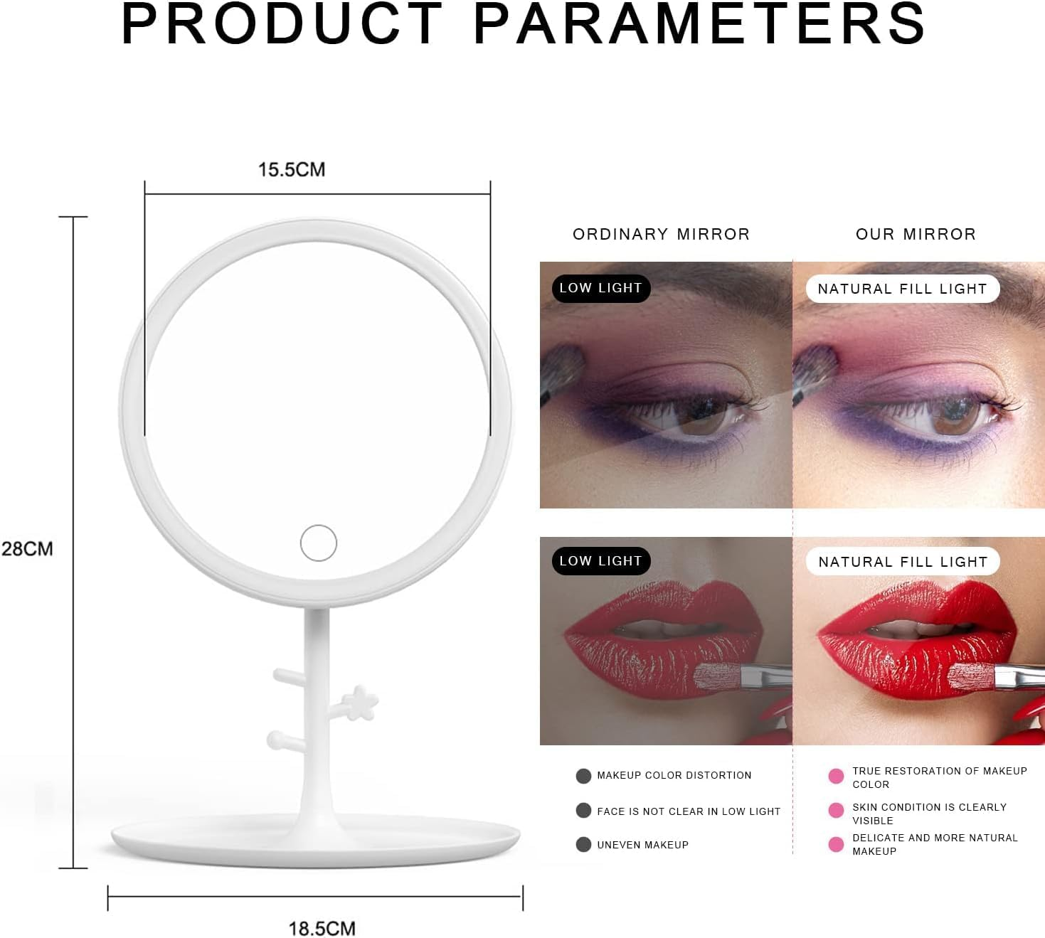 Ein weißer Schminkspiegel mit Vergleichsbildern von Make-up-Anwendungen unter verschiedenen Lichtverhältnissen. Enthält Abmessungen und Funktionen.