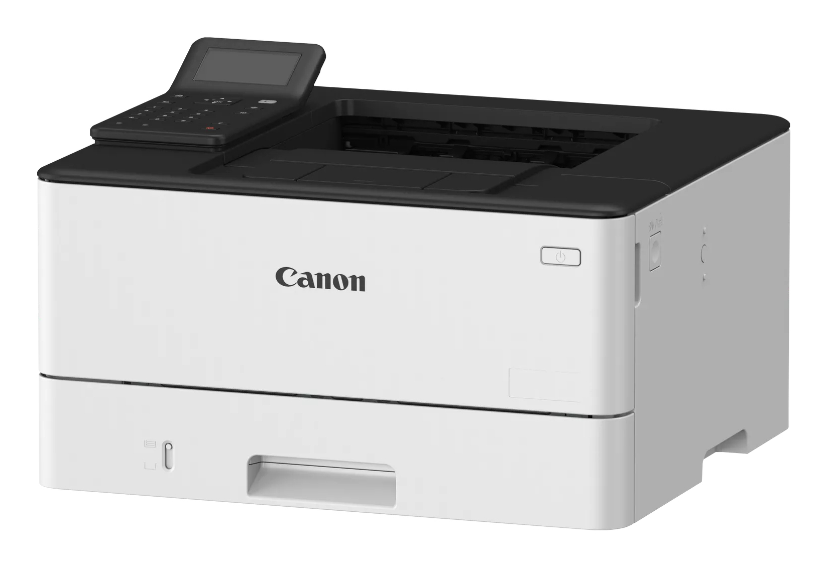 Una stampante Canon bianca e nera. Ha un pannello di controllo in alto e un vassoio carta in basso.