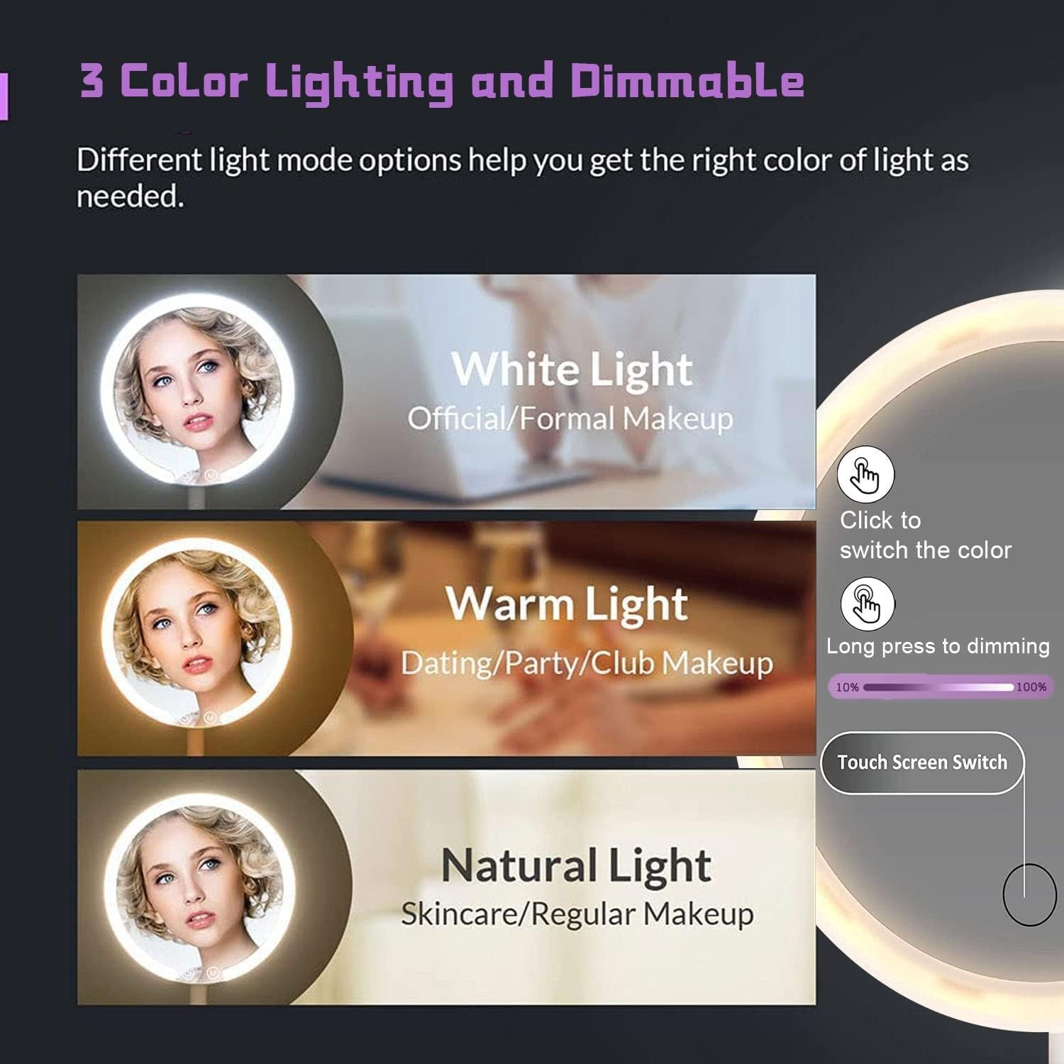 Das Bild zeigt ein Ringlicht mit drei Farbmodi: Weiß, Warm und Natürlich. Die Steuerung umfasst einen Touchscreen-Schalter für Farbe und Dimmen.