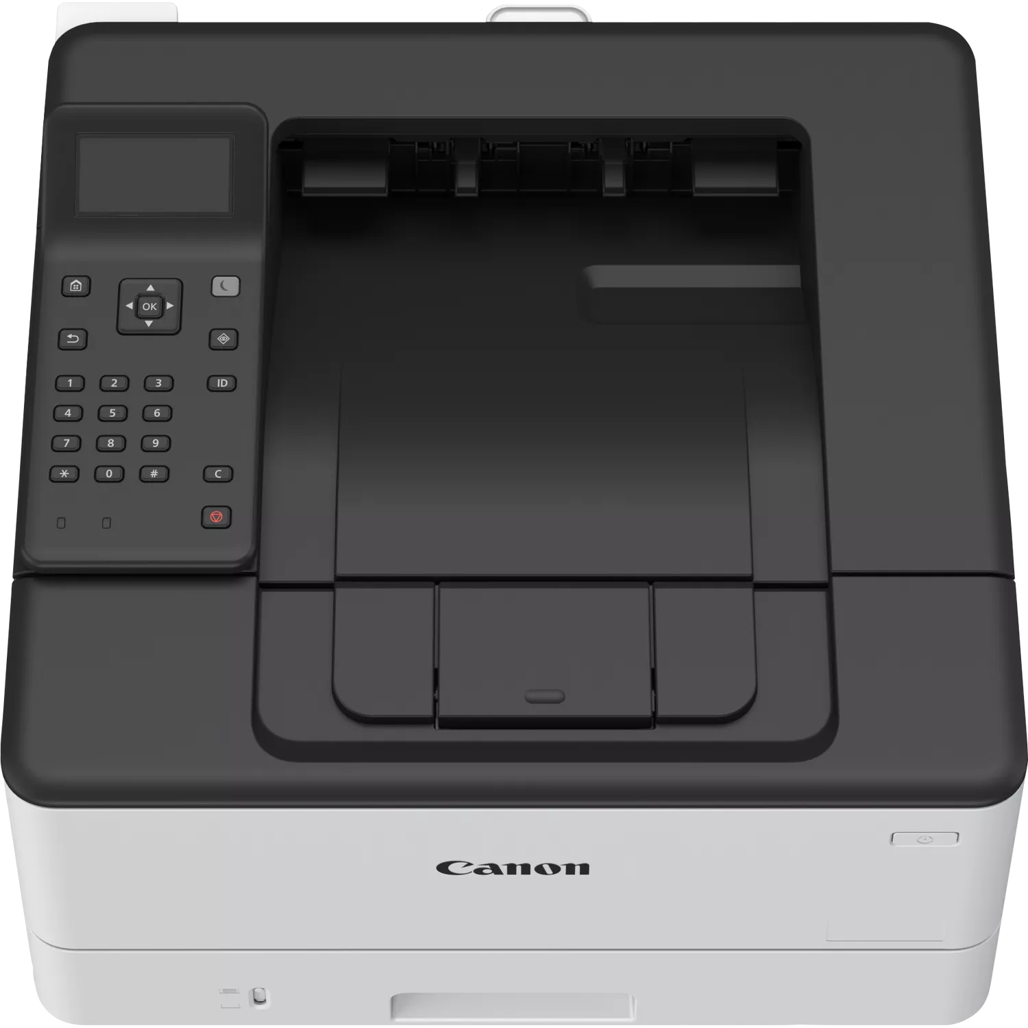Una stampante Canon in bianco e nero. Ha un pannello di controllo con pulsanti e un piccolo schermo. Il logo Canon è sulla parte anteriore.