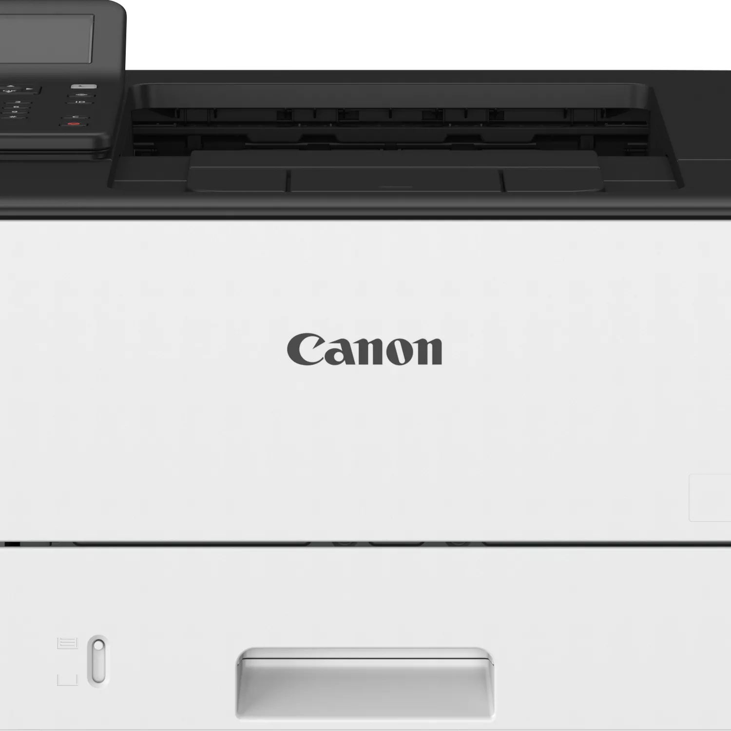 Una stampante Canon, prevalentemente bianca, con una sezione superiore nera. Il logo Canon è centrato. La stampante ha un vassoio carta in basso.