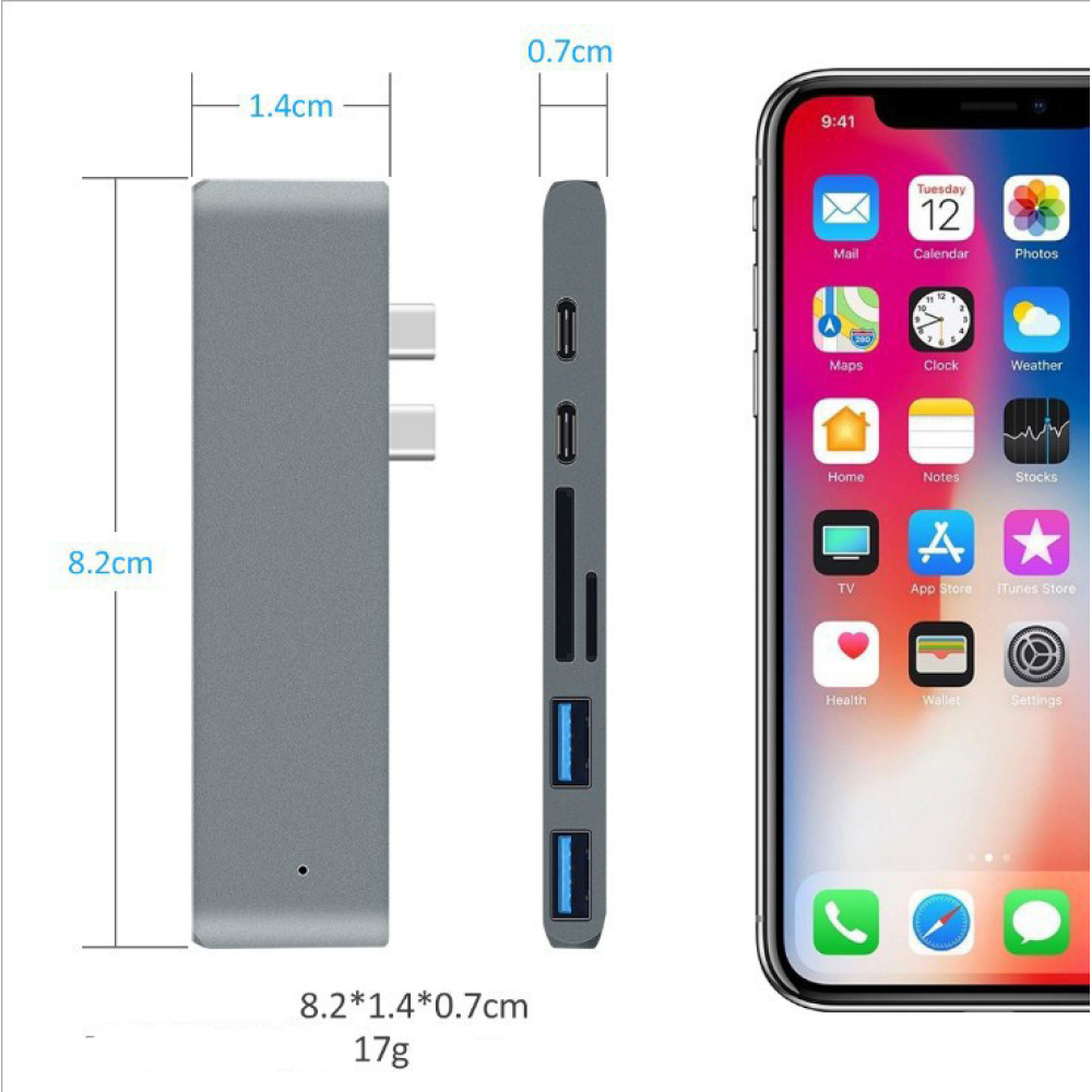 Ein grauer USB-Hub mit Abmessungen und ein Smartphone mit App-Symbolen werden auf weißem Hintergrund angezeigt.