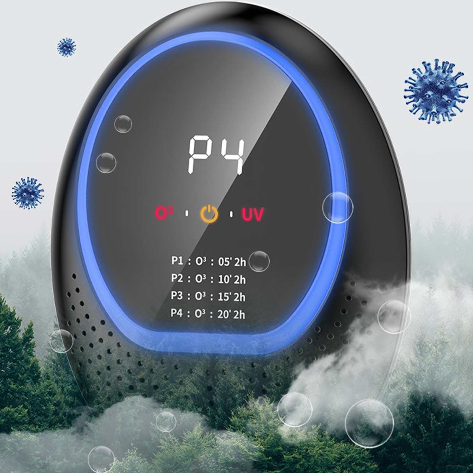 Luftreiniger mit Digitalanzeige. Zeigt P4, Indikatoren und Timer-Optionen. Blaues Licht umgibt das Display, mit Waldboden.