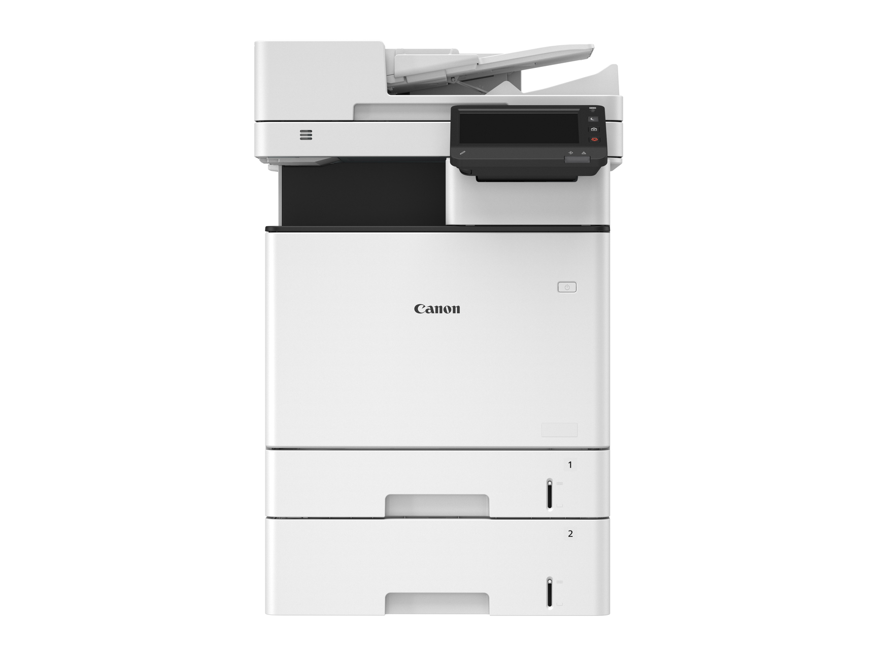 Una stampante multifunzione Canon bianca. Dispone di uno scanner, un pannello di controllo e due vassoi carta. Il logo Canon è visibile.