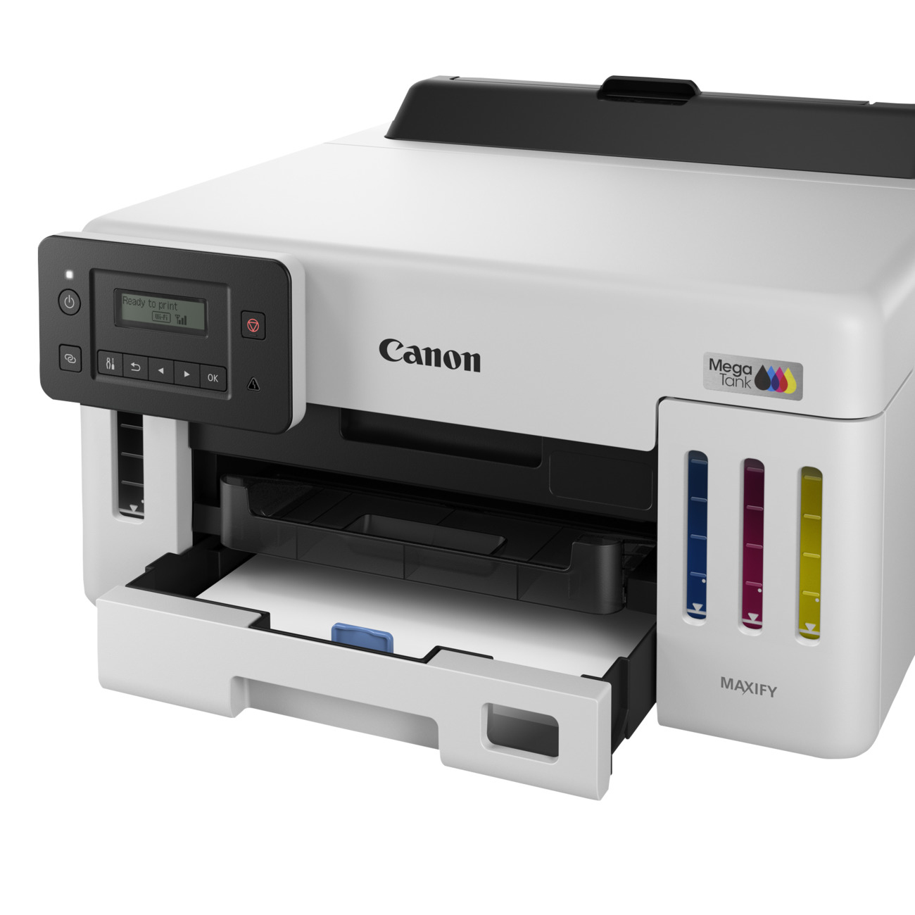Biała drukarka Canon Maxify z otwartą tacą na papier, pokazująca komunikat 'gotowy do druku' i zbiorniki z tuszem.