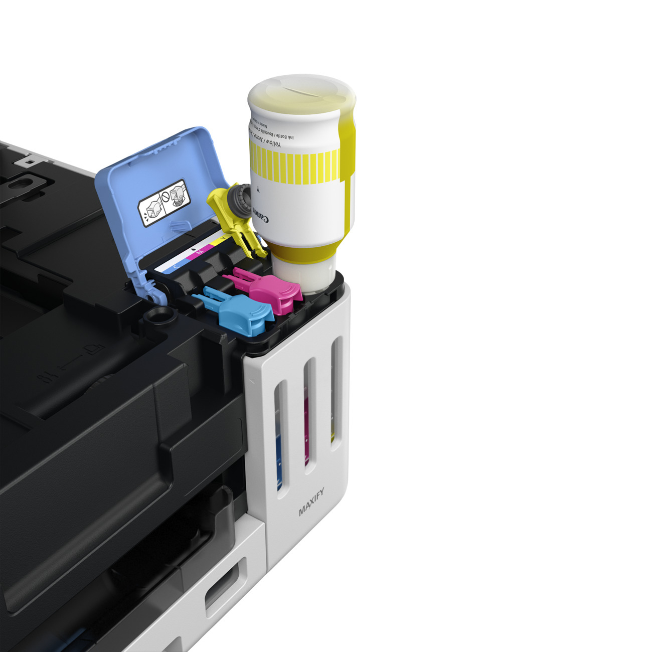 Żółta butelka z tuszem jest wkładana do drukarki. Drukarka ma niebieskie, różowe i żółte gniazda na tusz. Drukarka jest biała z tekstem MAXIFY.