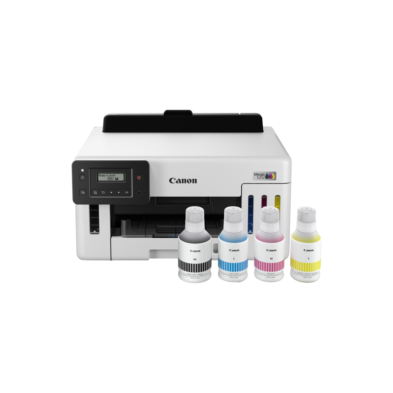 Drukarka Canon z czterema butelkami atramentu (BK, C, M, Y). Drukarka jest biała, z czarnym blatem i wyświetlaczem. Gotowa do druku.