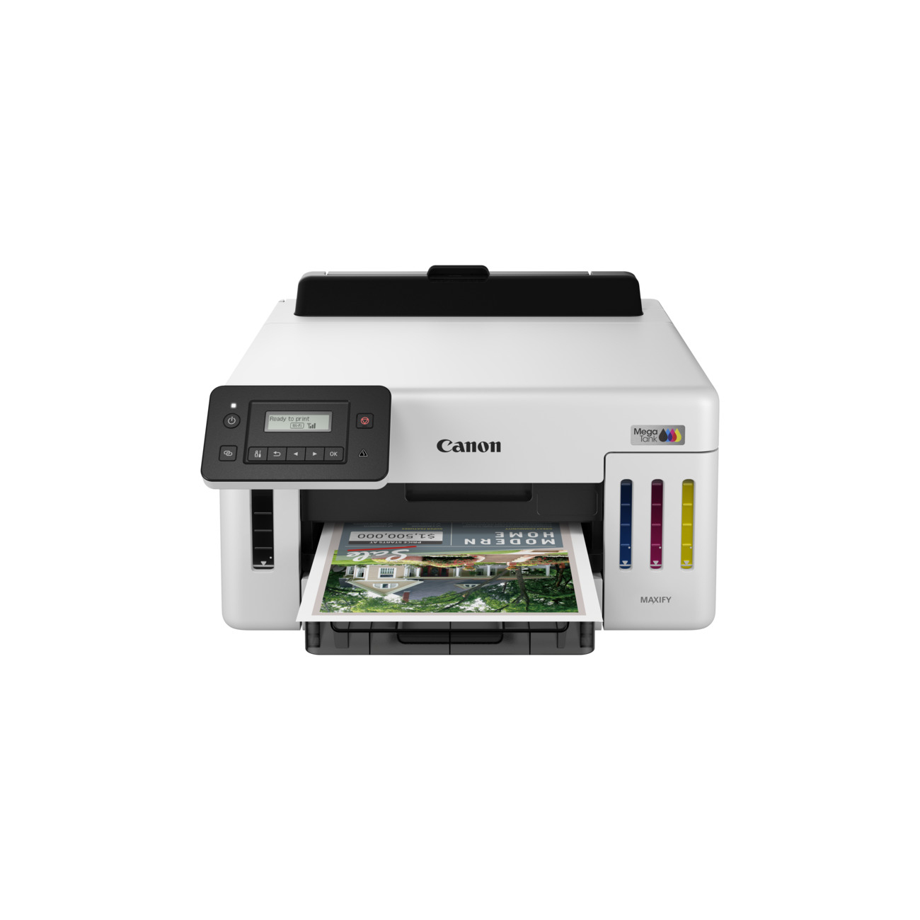 Biała drukarka Canon z wyświetlaczem i wydrukowanym papierem. Drukarka ma pojemniki z tuszem i słowo MAXIFY.