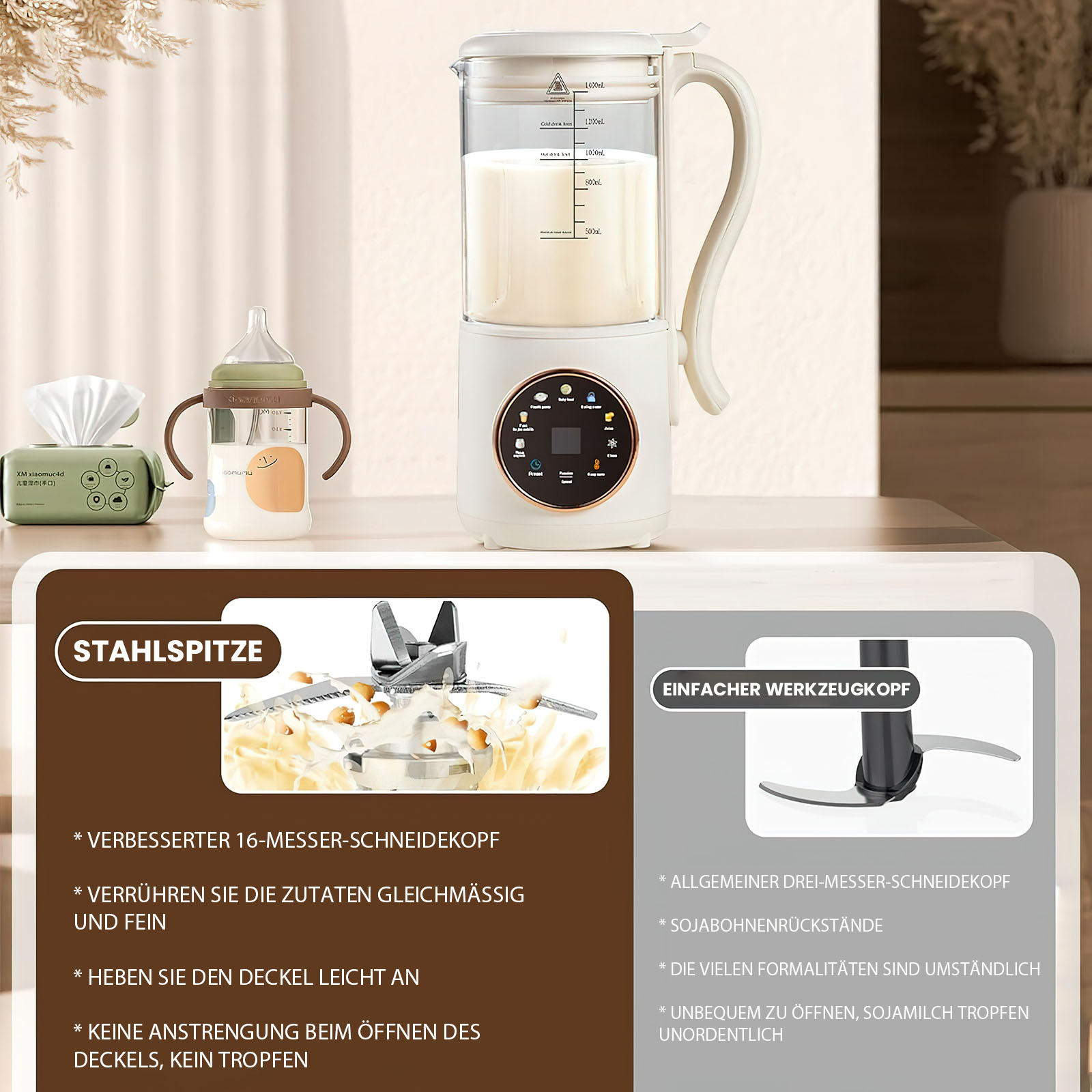 Ein weißer Mixer mit Milch, eine Babyflasche und eine Taschentuchbox stehen auf einer weißen Oberfläche. Detaillierte Diagramme von Klingen werden gezeigt.