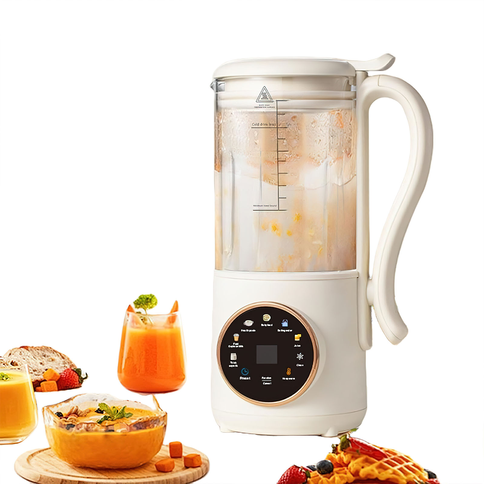 Ein weißer Mixer mit Griff. Daneben stehen Gläser mit Orangensaft, eine Suppenschüssel und eine Waffel mit Beeren und Erdbeeren.
