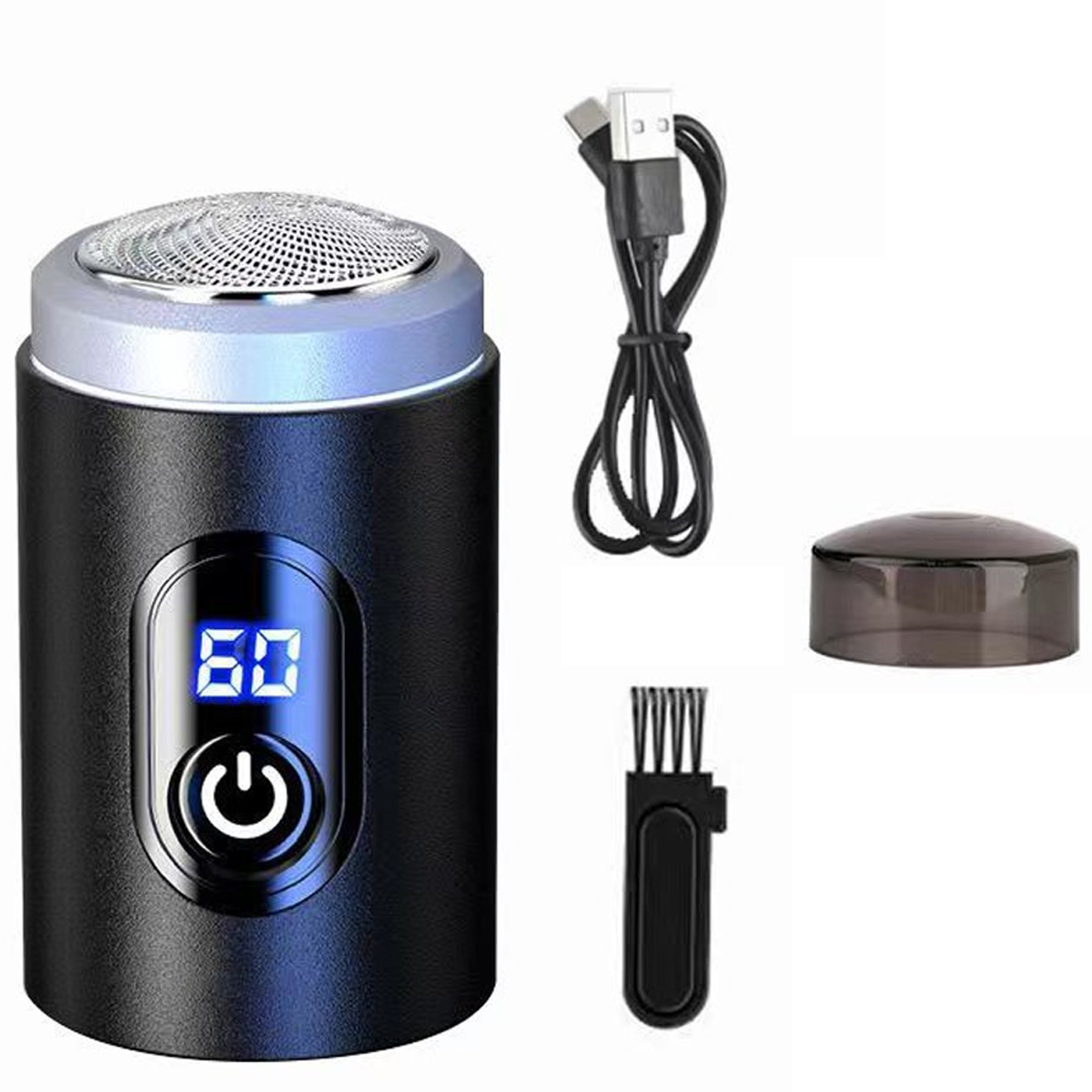 Ein schwarzer Elektrorasierer mit Digitalanzeige '60'. Zubehör: USB-Kabel, Bürste und Schutzkappe.