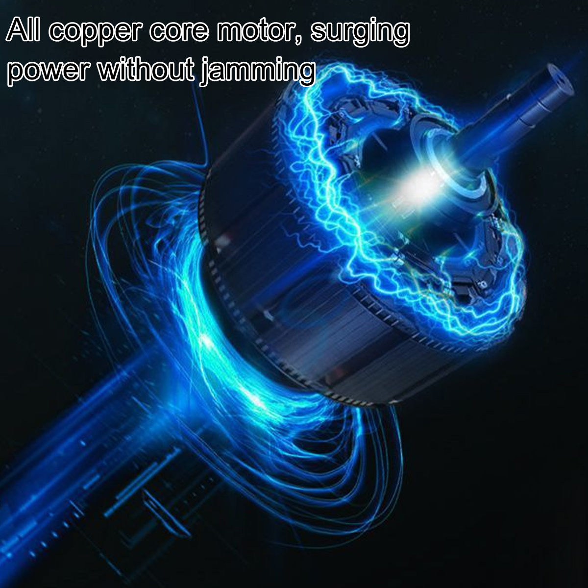 Ein Kupferkernmotor mit blauen Lichtbögen, die von der Mitte ausgehen. Dunkler Hintergrund mit Text: Kupferkernmotor, Leistung ohne Störung.