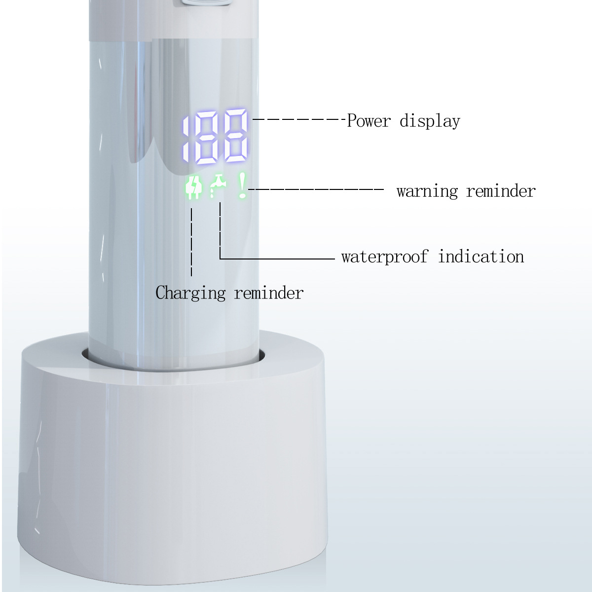 Ein weißes Gerät auf weißer Basis mit digitaler Anzeige, die Leistung, Warnung und wasserdichte Anzeigen zeigt. Eine Ladeerinnerung ist ebenfalls vorhanden.