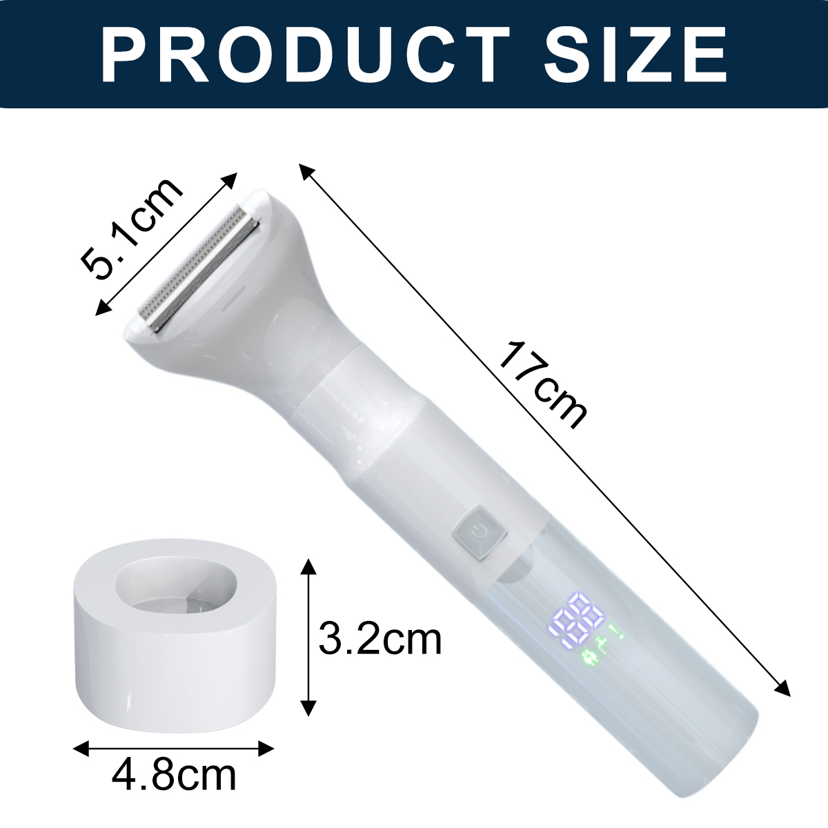 Weißer Elektrorasierer mit Maßen. Links befindet sich eine Ladestation. Oben steht 'PRODUCT SIZE'.
