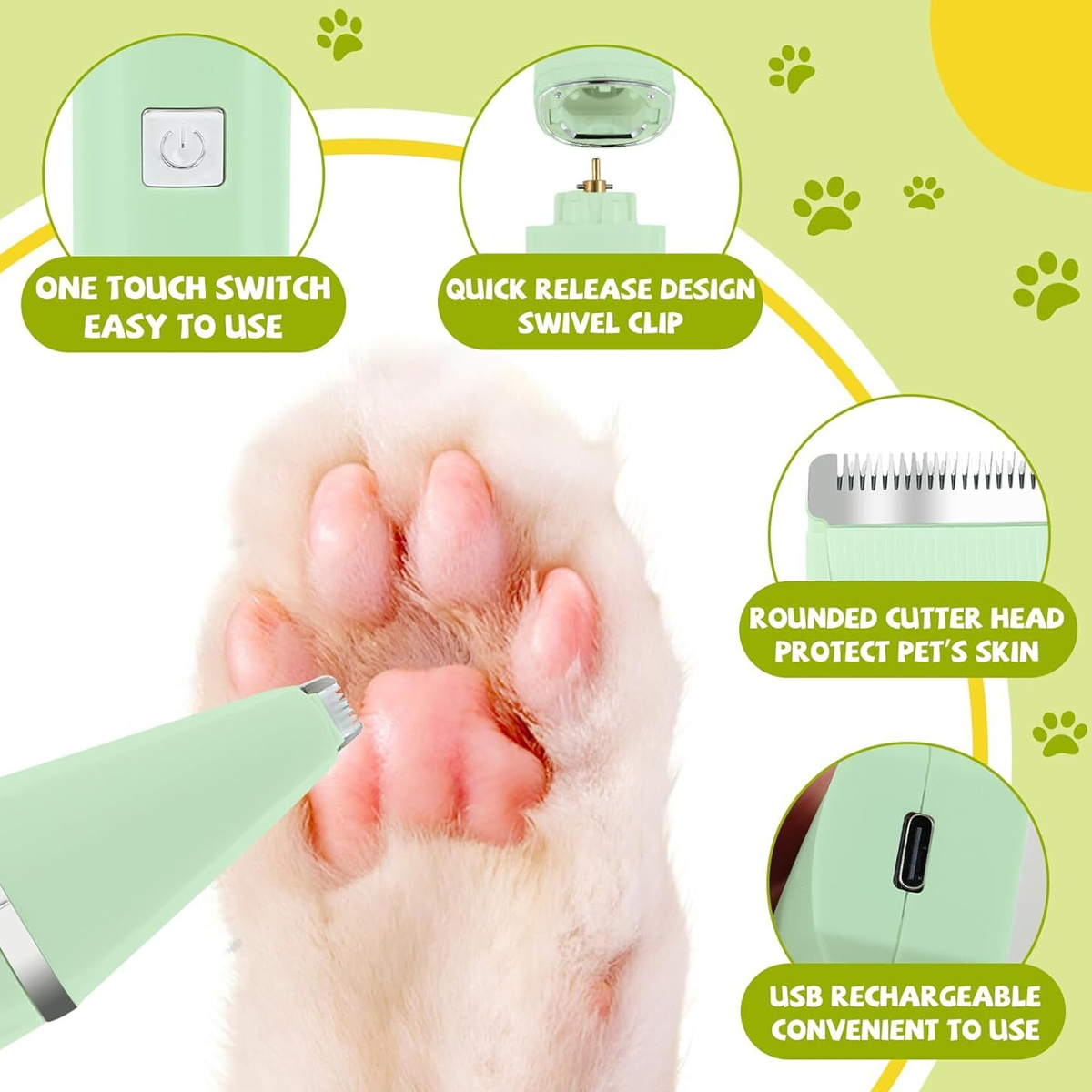Eine Katzenpfote, die mit einem grünen Haarschneider getrimmt wird. Merkmale sind Ein-Tasten-Schalter, Schnellverschluss und USB-Aufladung.