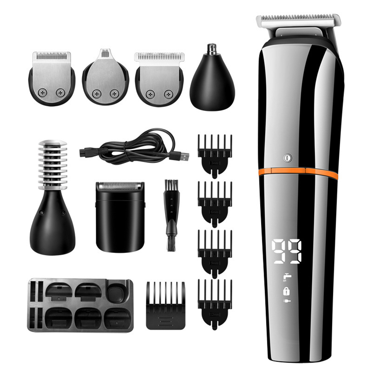 Ein schwarzes und silbernes Multi-Grooming-Kit. Es enthält einen Trimmer, verschiedene Aufsätze, Schutzvorrichtungen, eine Ladestation und ein Digitaldisplay.