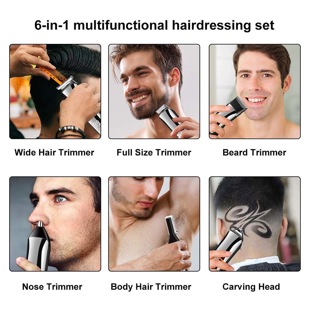 Ein 6-in-1 multifunktionales Friseursatz. Es zeigt verschiedene Trimmer, die am Kopf, Bart, Nase und Körper verwendet werden, zusammen mit dem Carving-Kopf.