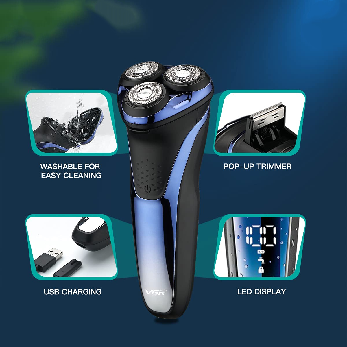 Elektrischer Rasierer mit blauem und schwarzem Design. Merkmale sind ein waschbarer Kopf, ein Pop-up-Trimmer, USB-Aufladung und ein LED-Display.