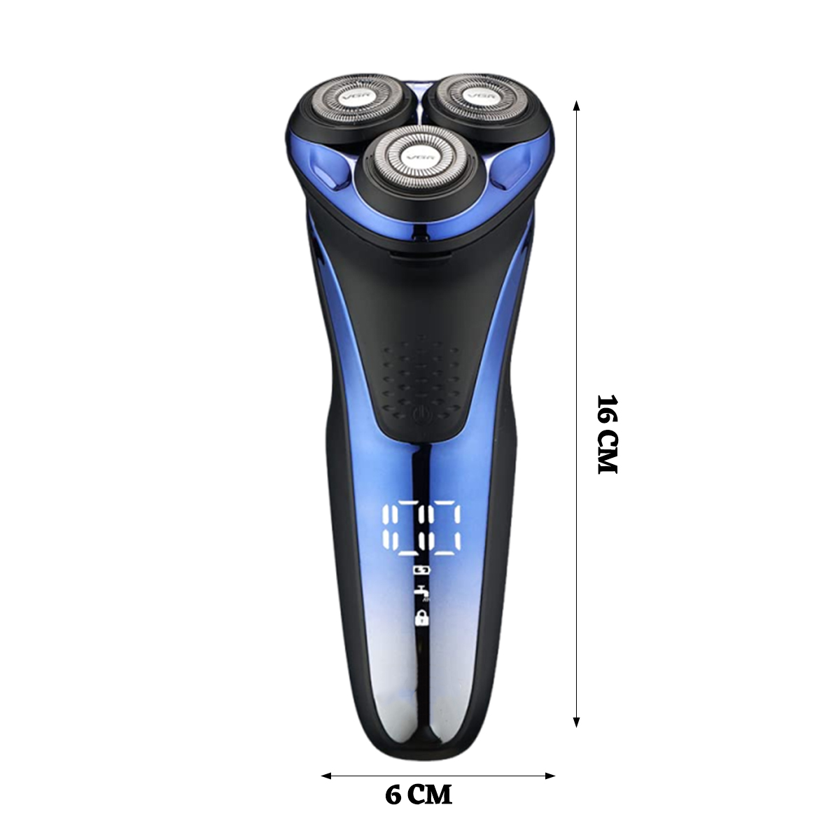 Elektrischer Rasierer mit drei Köpfen, schwarz und blau, mit LCD-Display. Abmessungen sind 16 cm hoch und 6 cm breit.