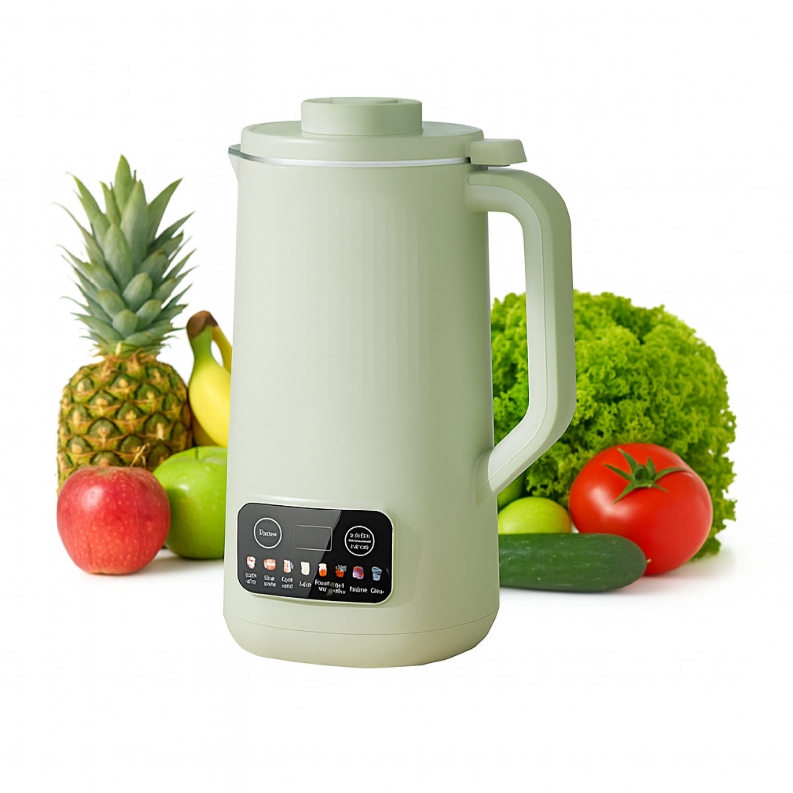 Ein hellgrüner Mixer mit Früchten und Gemüse. Ananas, Apfel, Banane, Tomate, Gurke und Salat sind sichtbar.