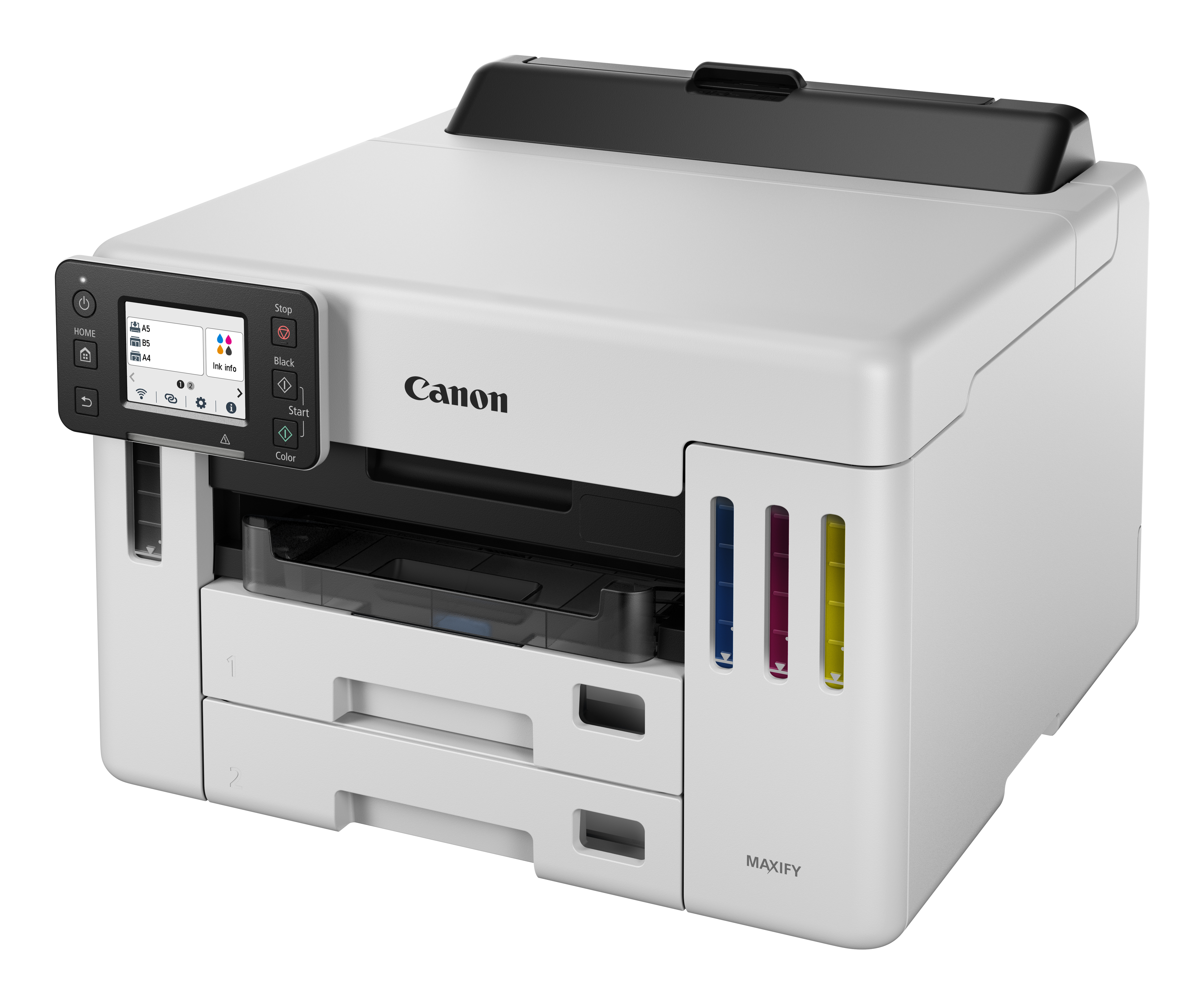 Una stampante Canon Maxify bianca con dettagli neri, un pannello di controllo e serbatoi d'inchiostro.