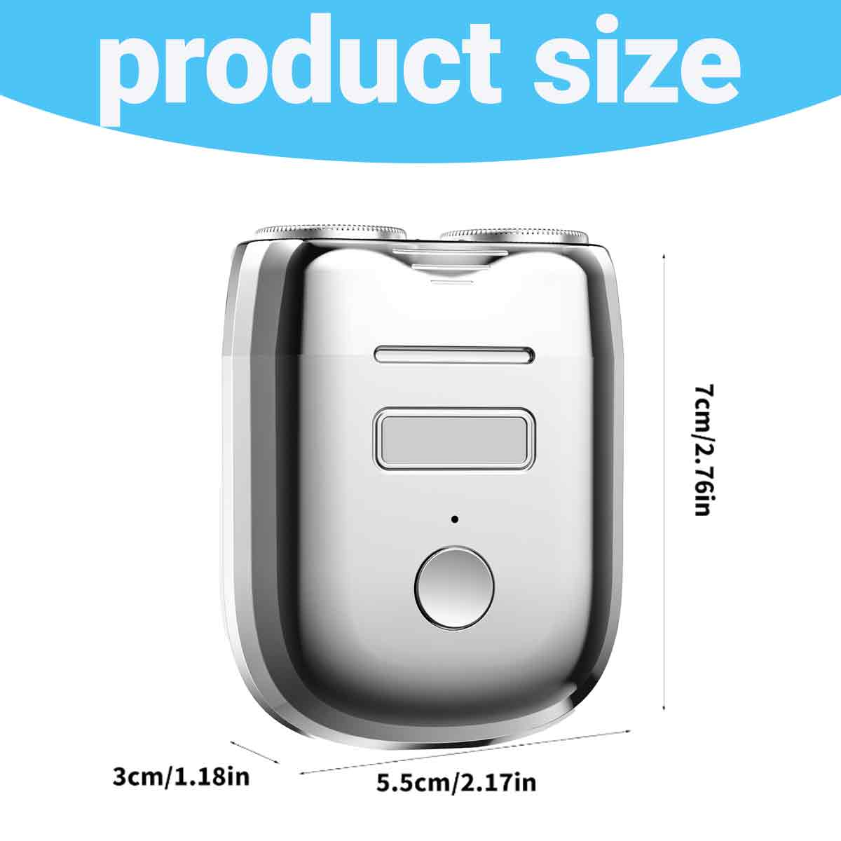 Ein silbernes Gerät mit Abmessungen, 5,5 cm/2,17 Zoll breit, 7 cm/2,76 Zoll hoch und 3 cm/1,18 Zoll dick. Produktgröße Text oben.