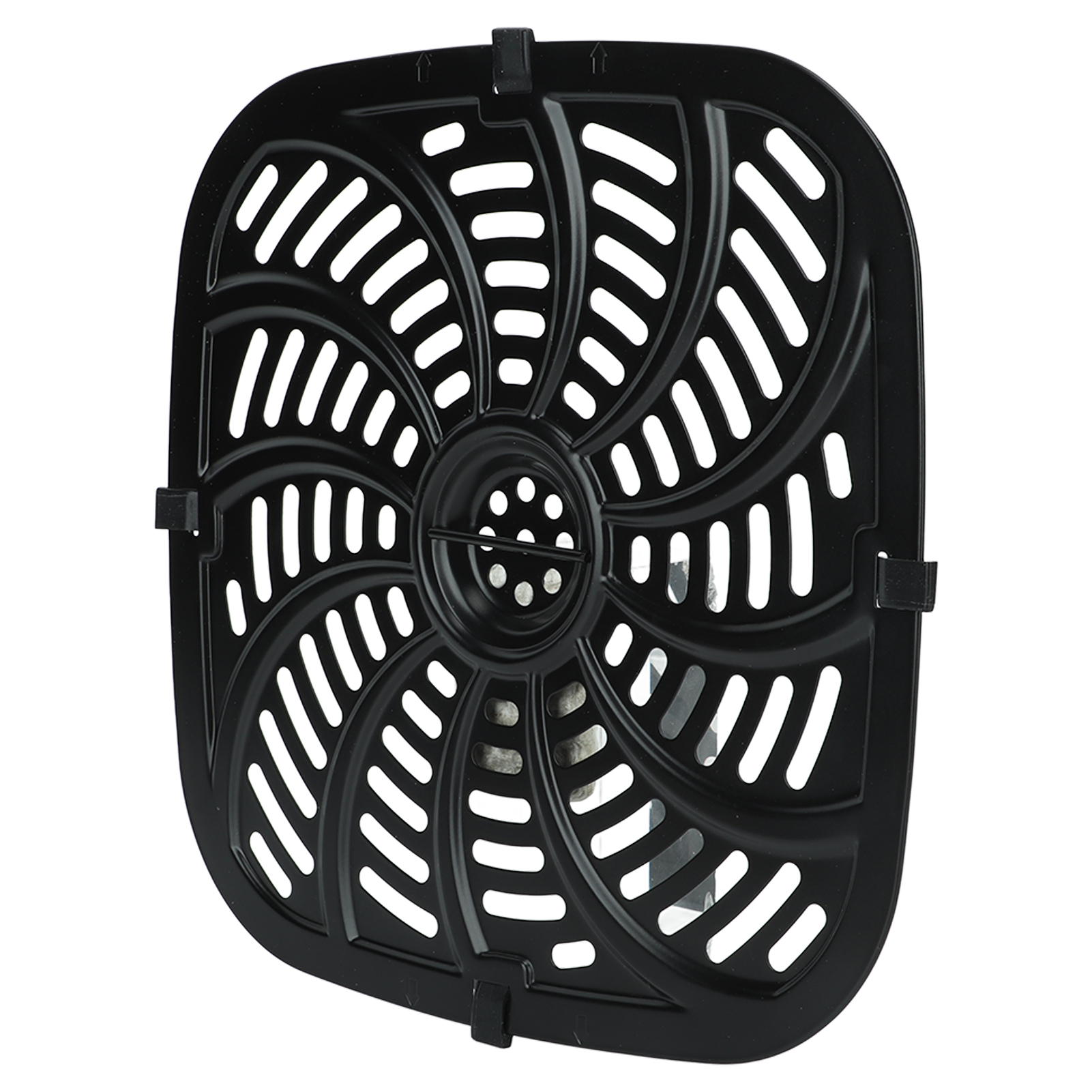 Schwarzer Airfryer-Korb mit einem gemusterten Design aus Schlitzen und einem zentralen Kreis mit Löchern.