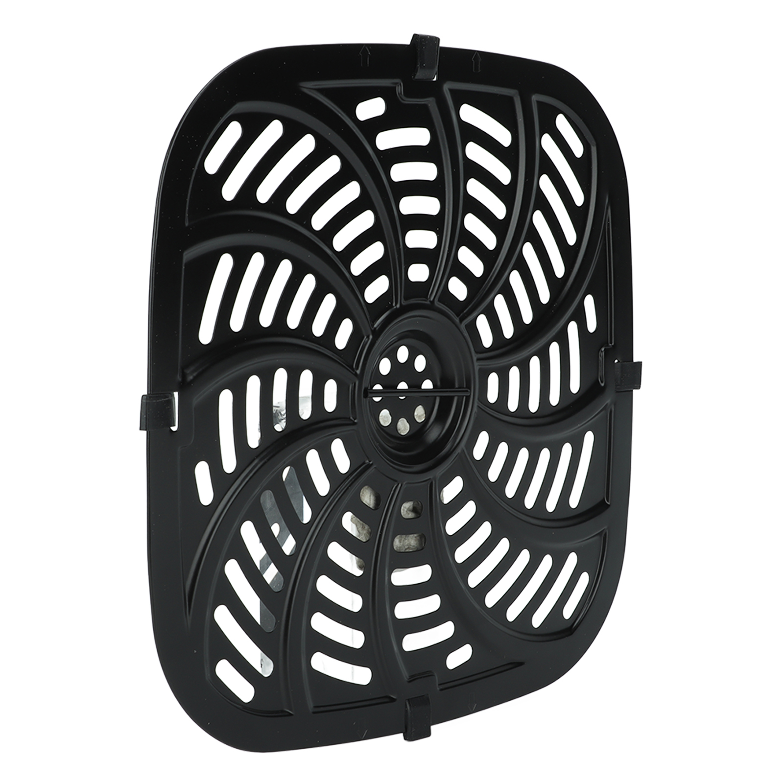 Schwarzer Airfryer-Korb mit spiralförmigem Schlitzmuster. Er hat eine quadratische Form mit abgerundeten Ecken und weißem Hintergrund.
