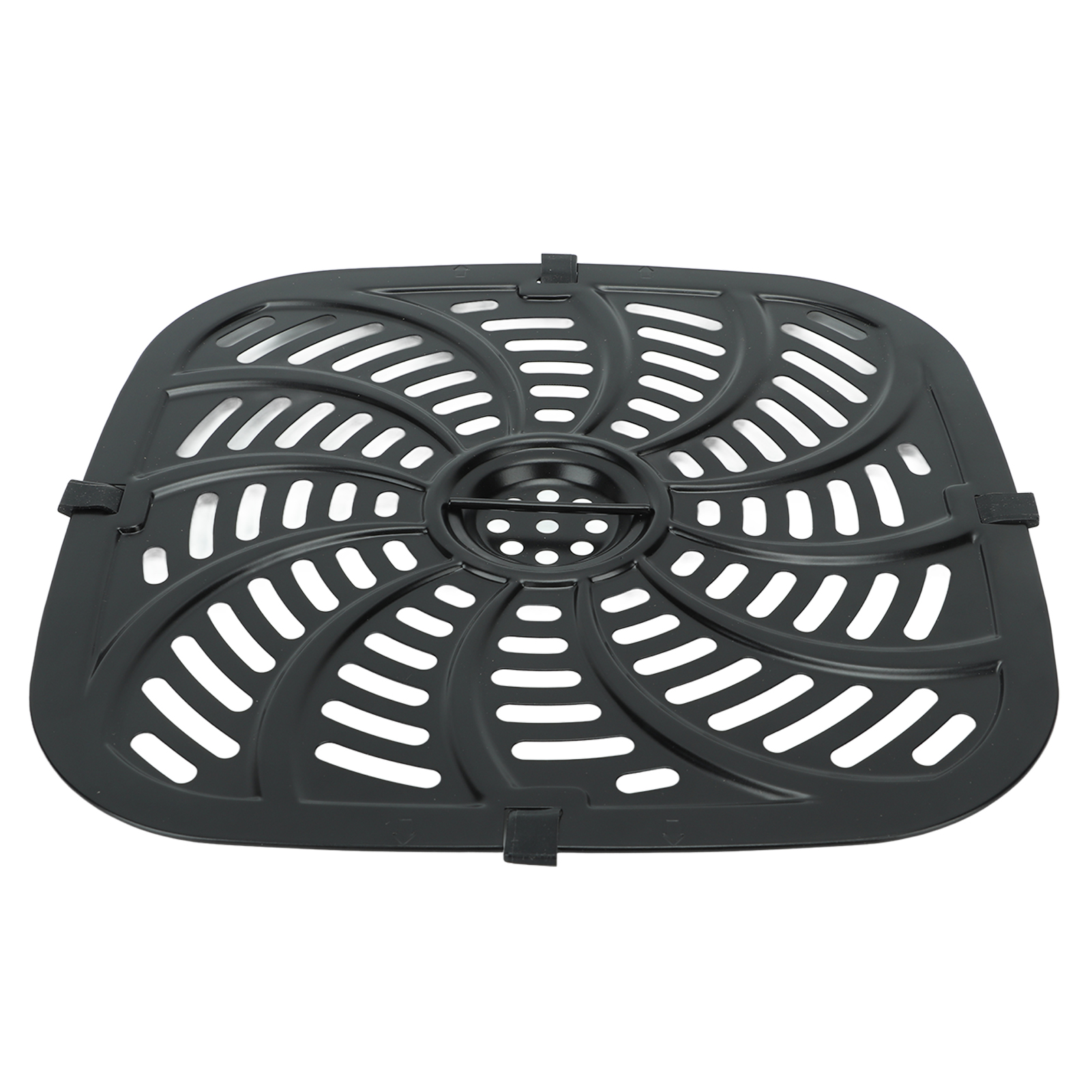 Schwarzer Airfryer-Korb mit einzigartigem Design aus gebogenen Schlitzen und einem zentralen Griff auf weißem Hintergrund.