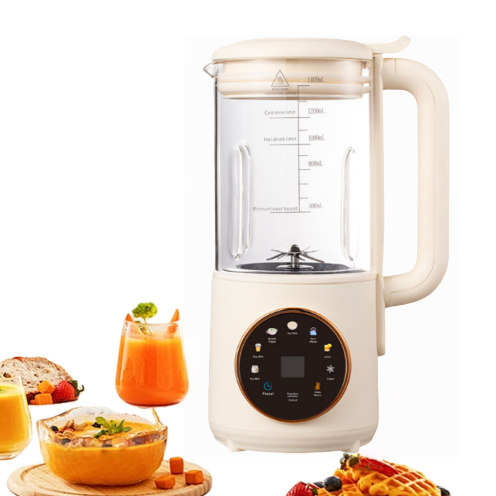 Ein Mixer mit Glaskanne, Griff und Bedienfeld. Säfte und Lebensmittel sind vorne.