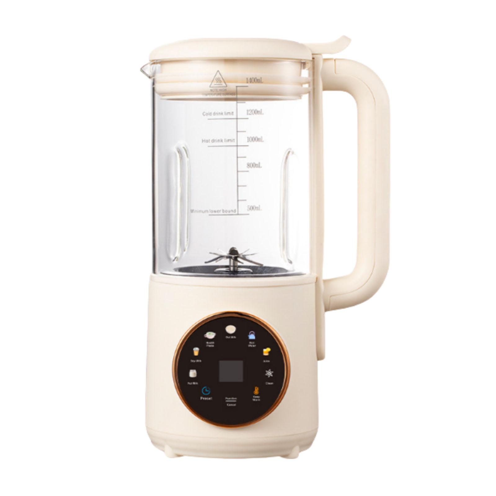 Ein beiger Mixer mit einem durchsichtigen Glasbehälter, einem Griff und einem Bedienfeld mit Symbolen und einem Digitaldisplay.