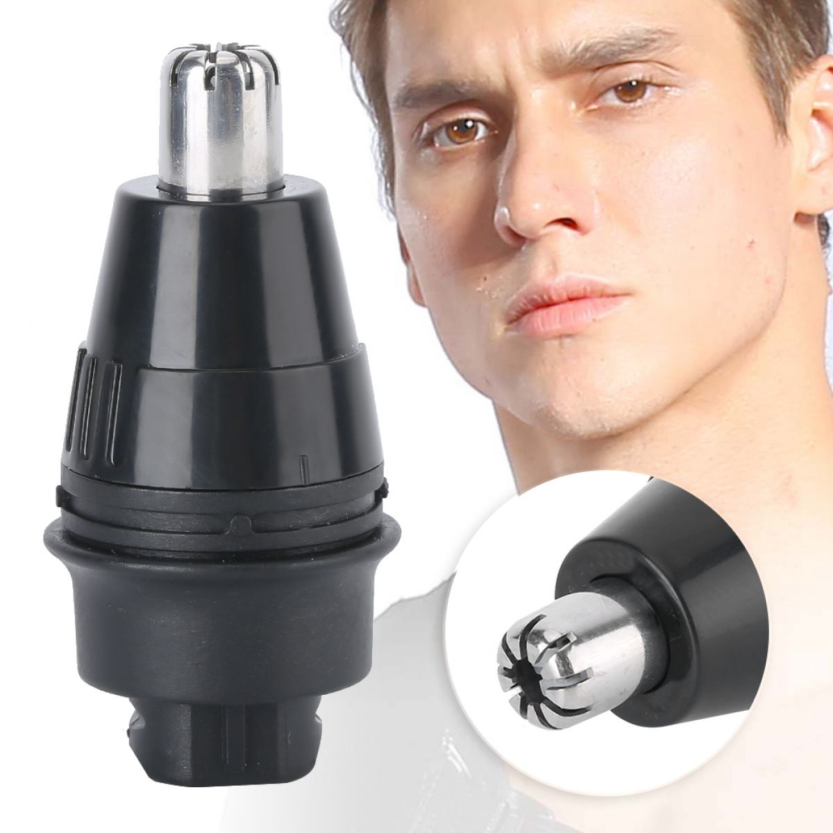 Ein Nasenhaartrimmer mit dem Gesicht eines Mannes im Hintergrund. Der Trimmer ist schwarz und silberfarben. Eine Nahaufnahme des Trimmers ist ebenfalls zu sehen.