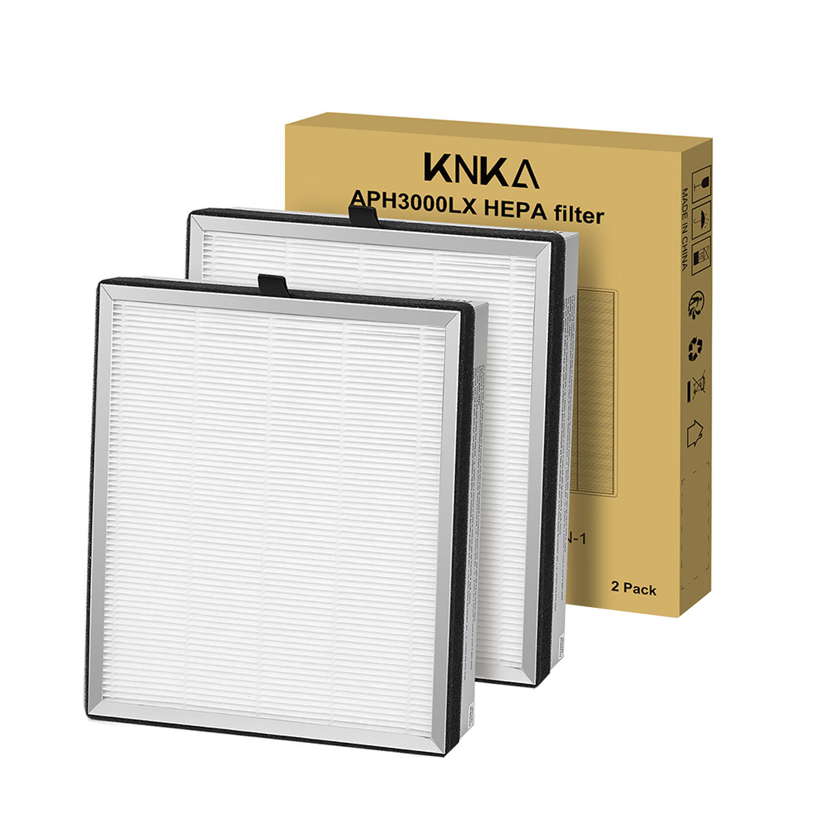 Drei weiße HEPA-Luftfilter vor einer Schachtel. Die Schachtel ist beige mit dem Text 'KNKA APH3000LX HEPA filter 2 Pack'.