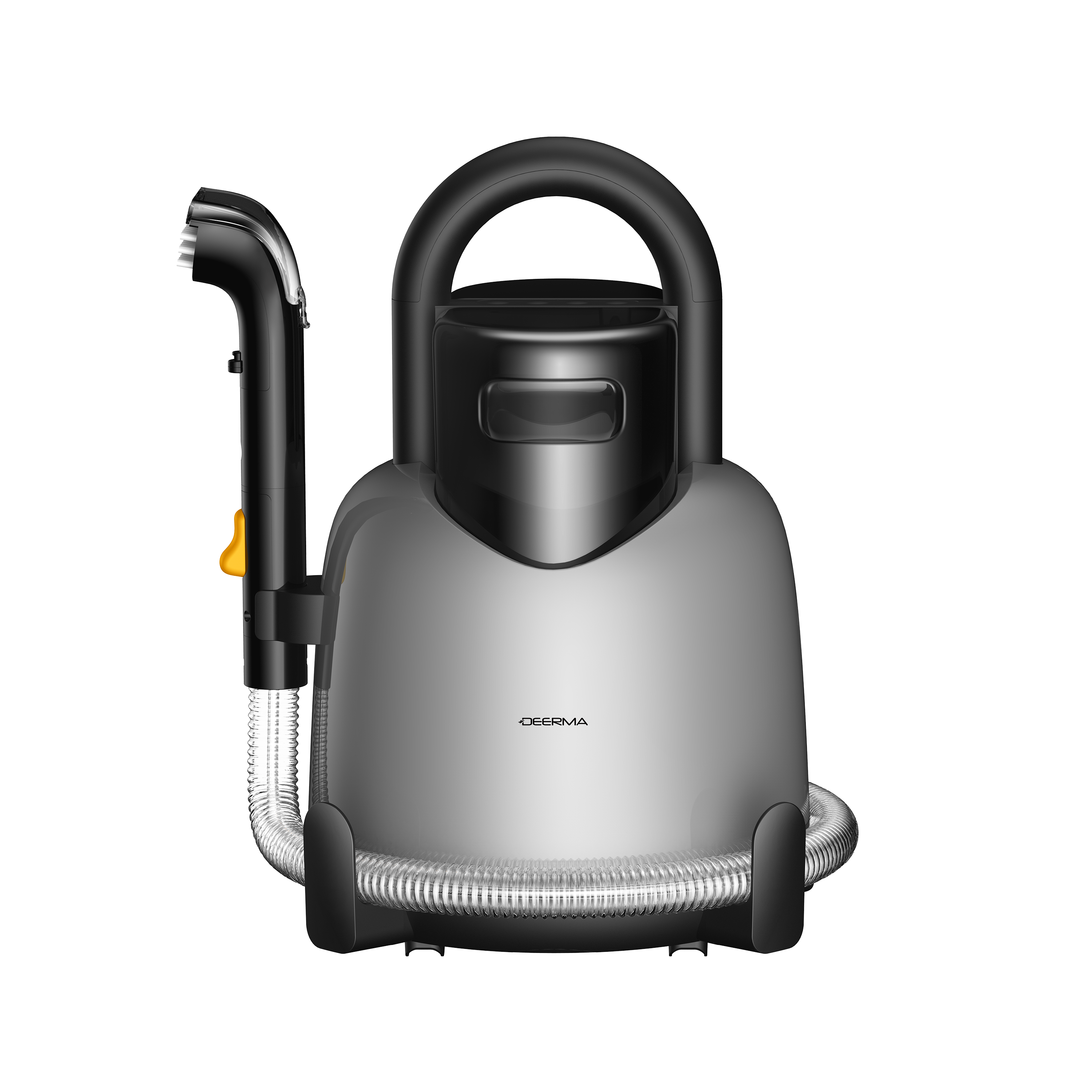 Srebrno-czarny odkurzacz do dywanów Deerma na białym tle. Posiada uchwyt, wąż i głowicę czyszczącą.