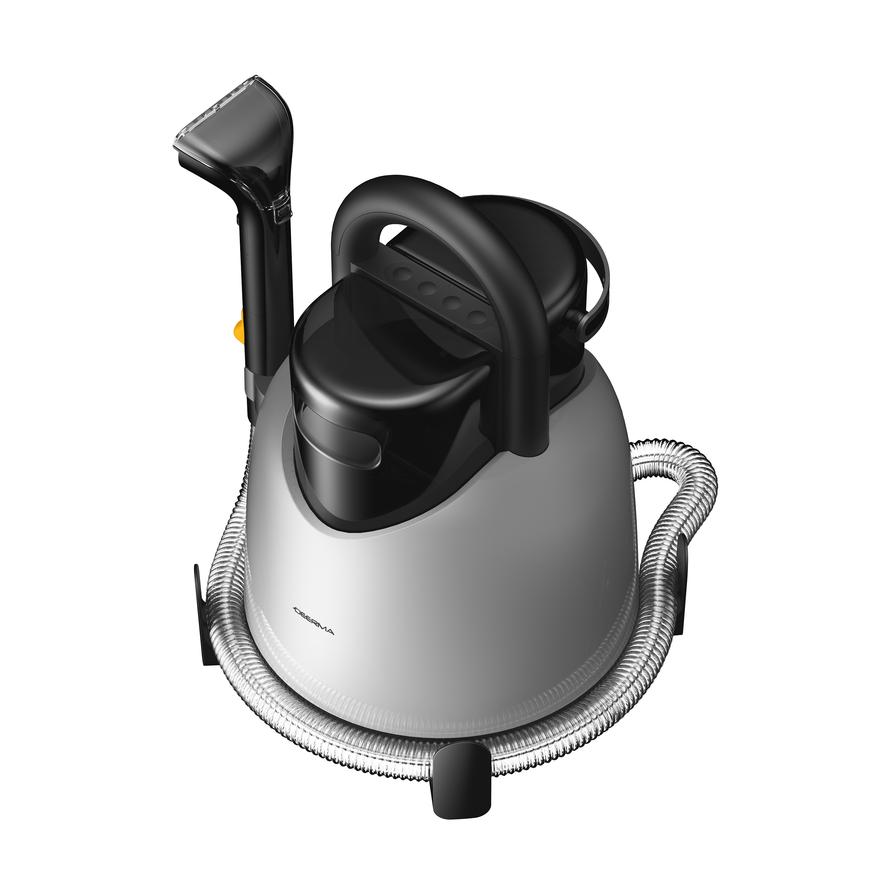 Srebrno-czyszcząca parownica. Ma uchwyt, dyszę i elastyczny wąż.