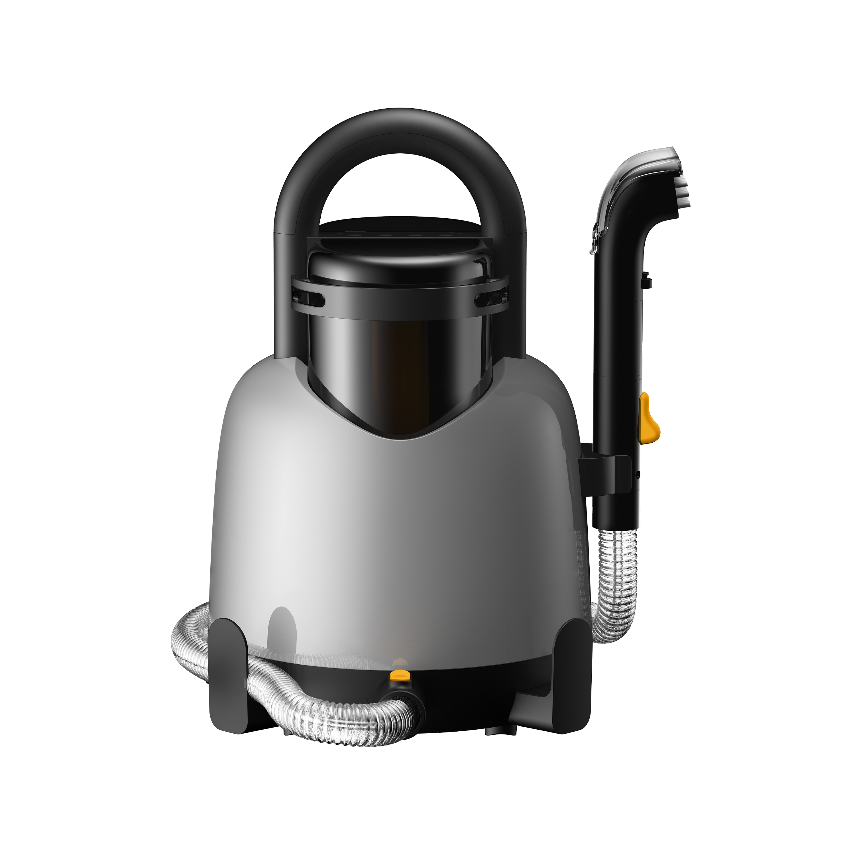 Szaro-czarny odkurzacz do dywanów z uchwytem, wężem i dyszą. Widoczne są żółte przyciski. Tło jest białe.
